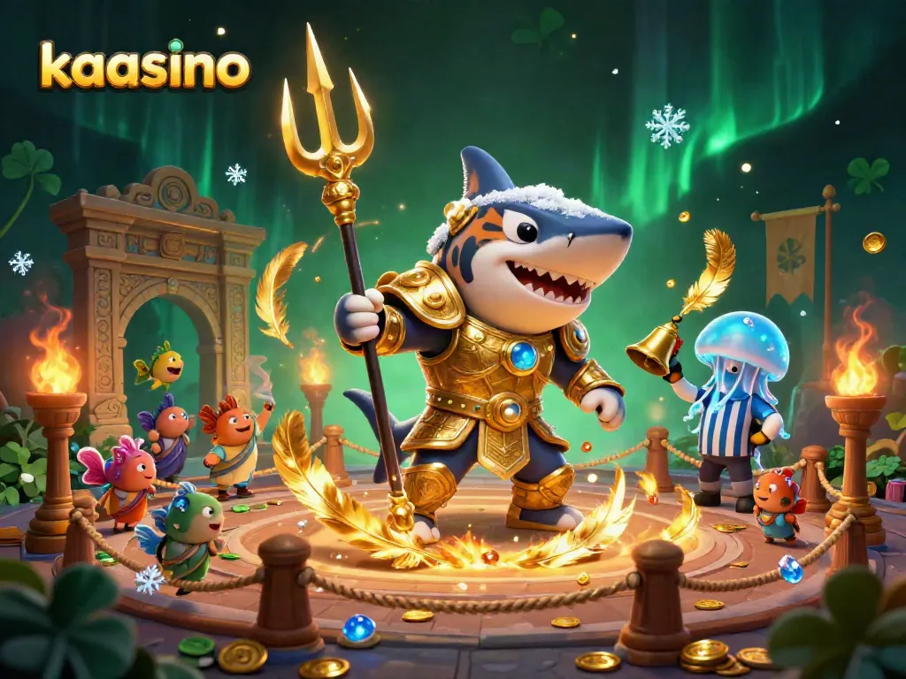 Kaasino showcases vibrant 3D illustration of a shark gladiator in an underwater colosseum, adorned with golden coins and ambiance.