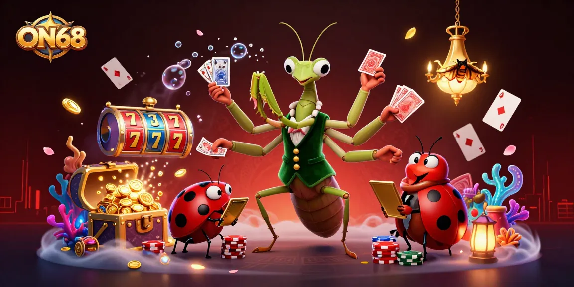 Experience the vibrant excitement of ON68 with a casino-themed 3D illustration filled with dynamic gambling elements.