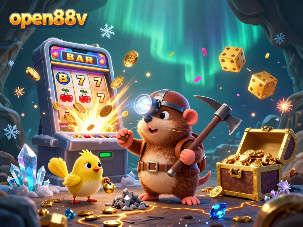Experience the captivating world of open88v with a colorful jackpot scene featuring a treasure hunter mole.