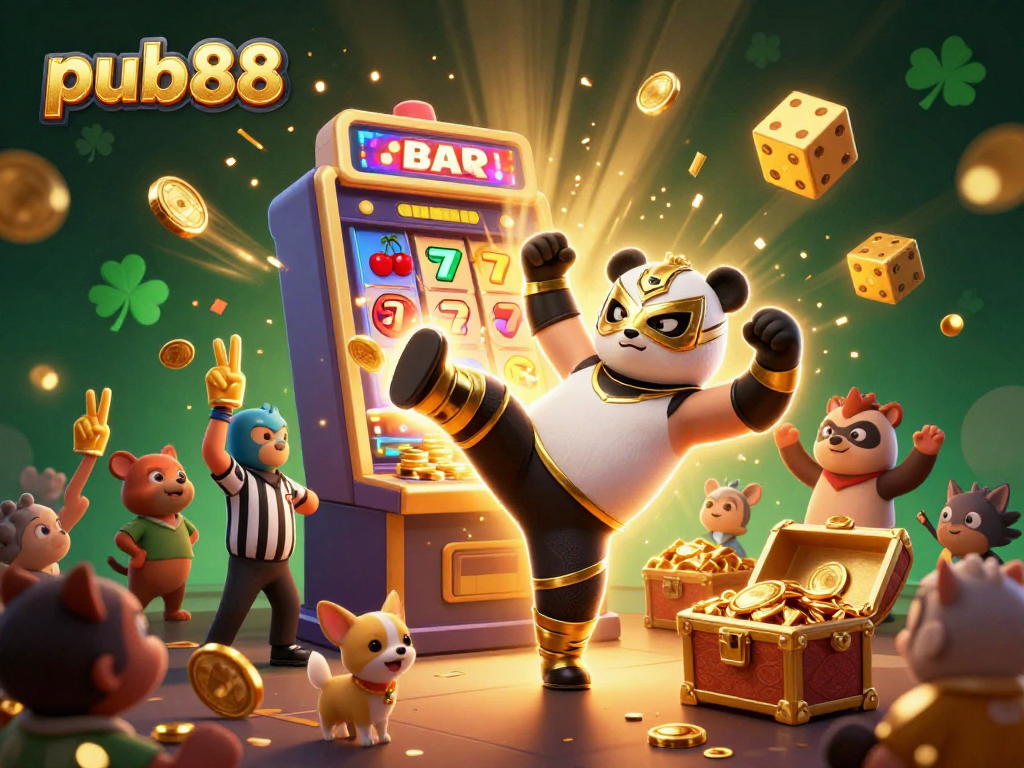 Experience thrilling action at pub88 with a panda wrestler kicking amidst exploding jackpots and cheering fans.