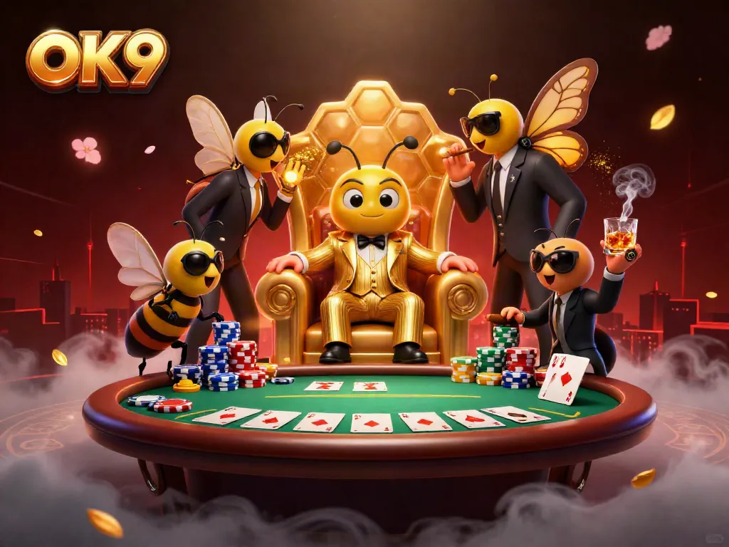 OK9 casino scene with a cartoon bumblebee mob boss and poker elements creating a thrilling atmosphere.