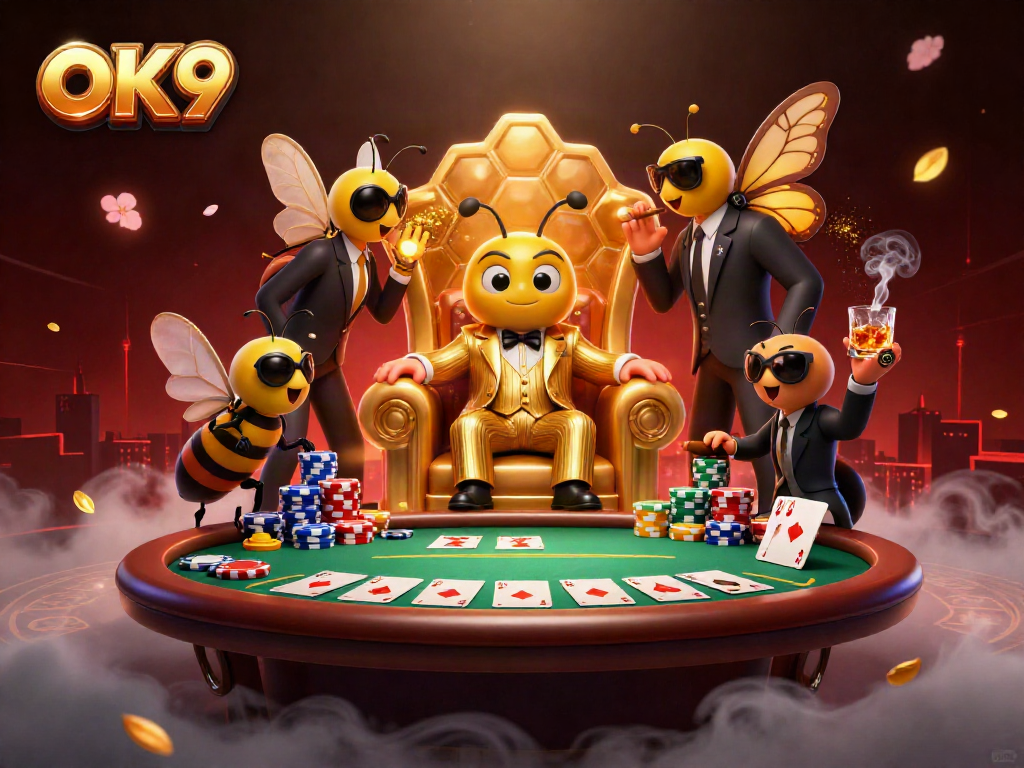 OK9 casino scene with a cartoon bumblebee mob boss and poker elements creating a thrilling atmosphere.