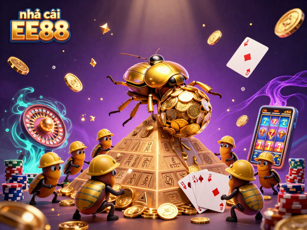 Engage with nhà cái EE88 in an ultra-detailed casino scene featuring golden beetles and sparkling gems.