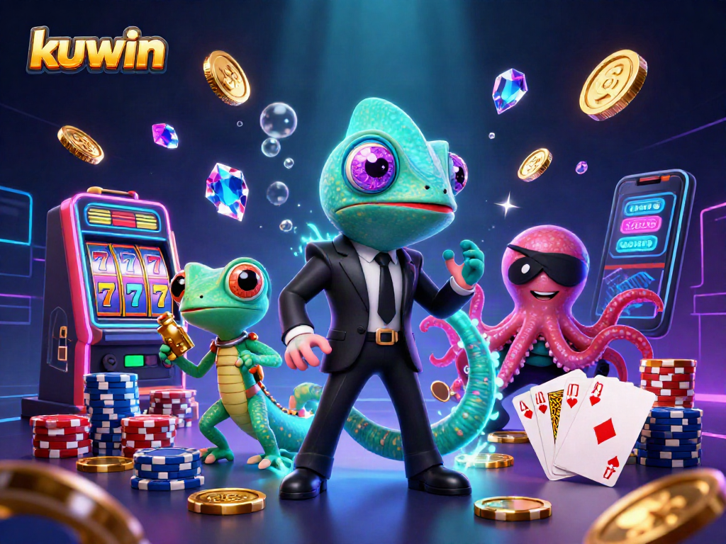 Kuwin's vibrant casino scene showcases a colorful chameleon and gadgets amidst jackpots and wins.