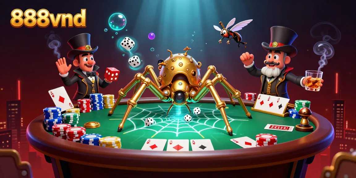 Winning at 888vnd with a golden steampunk spider capturing dice in a vibrant casino scene.