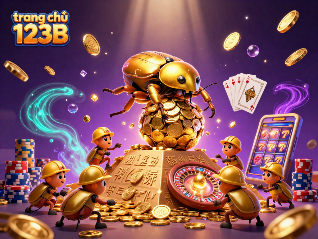 Discover the vibrant world of gambling at trang chủ 123B with a dynamic 3D illustration of a golden beetle rolling coins and casino elements.