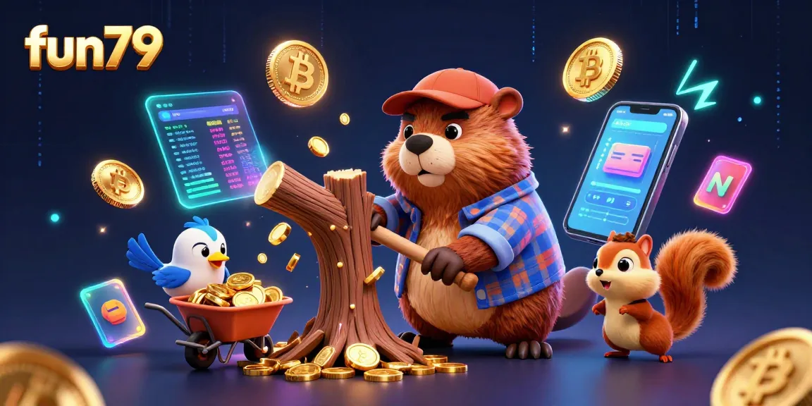 Experience the excitement of fun79 with a vibrant scene featuring characters collecting coins in a dynamic casino landscape.