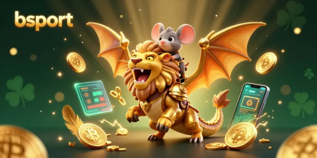 Experience thrilling betting with bsport in an epic illustration featuring a golden chimera, Bitcoin, and vibrant game elements.