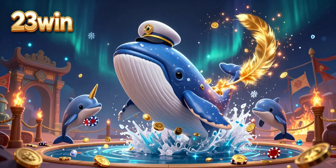 23win showcases a vibrant casino scene with playful dolphins and a golden horned narwhal among coins.