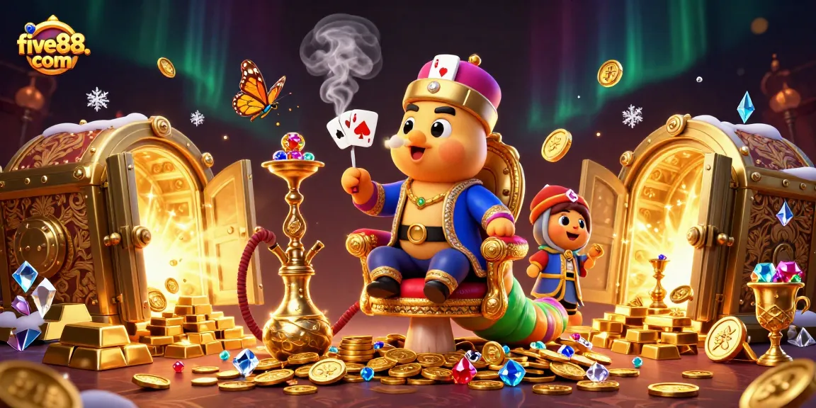 Win big at five88. com with exciting poker hands in a vivid casino illustration.
