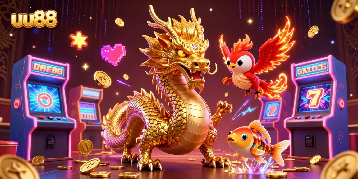 Experience thrilling gameplay with uu88 in this vibrant 3D casino illustration featuring epic dragons and gaming action.
