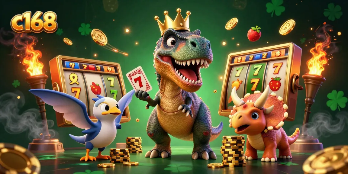 C168 casino T-Rex shuffling cards while stacking chips in a vibrant 3D illustration.