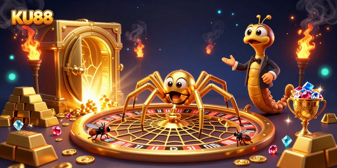 Exciting KU88 gaming scene with a golden spider and centipede dealer spinning a roulette web.