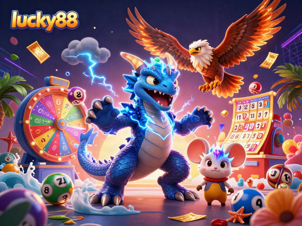Win big with lucky88 in this vibrant casino-themed illustration featuring dynamic characters and game elements.