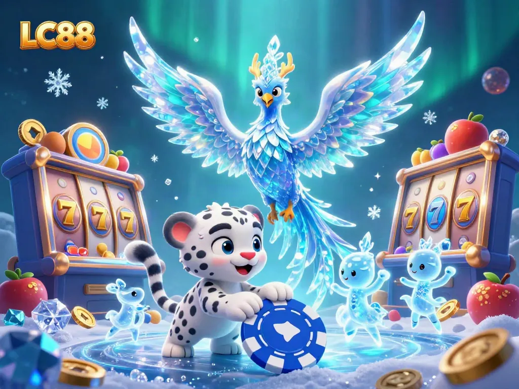 LC88's enchanting scene with an ice phoenix and snow leopard amidst vibrant slot machines, showcasing casino magic.
