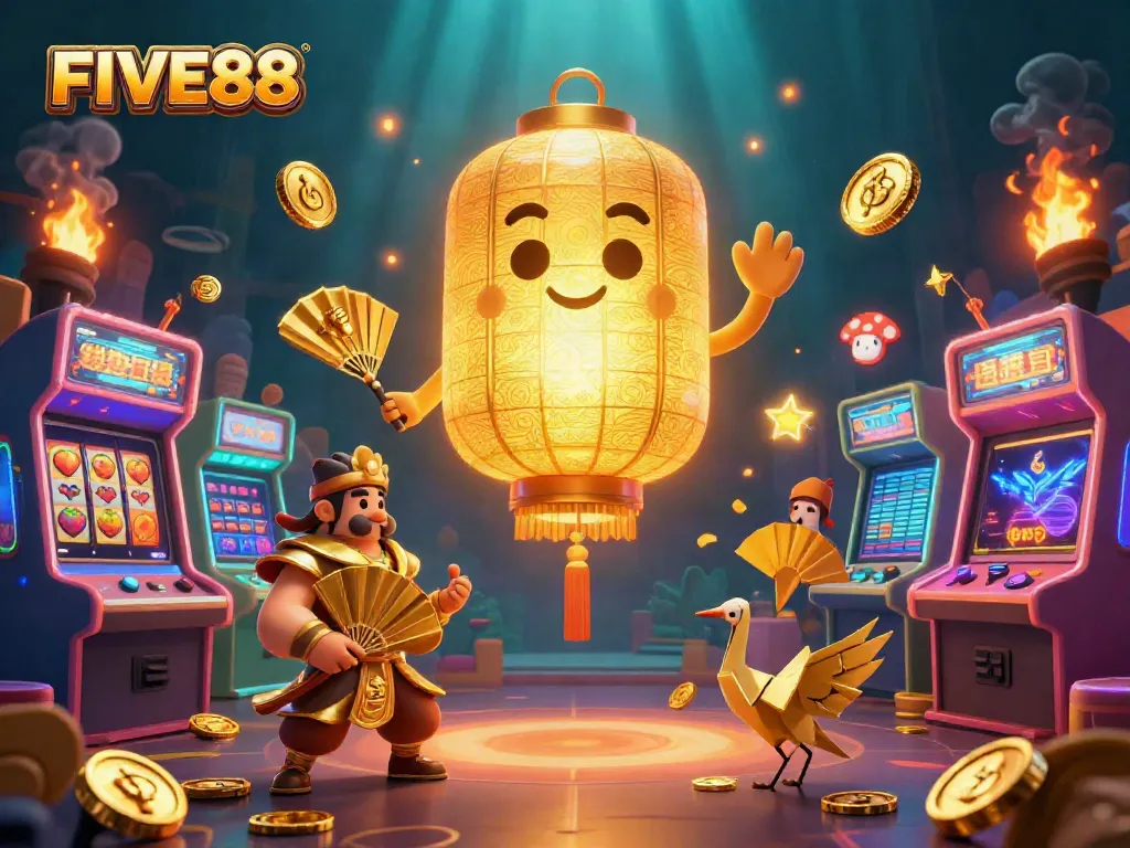 Experience the vibrant casino atmosphere of FIVE88 with characters and gaming elements in a dazzling scene.