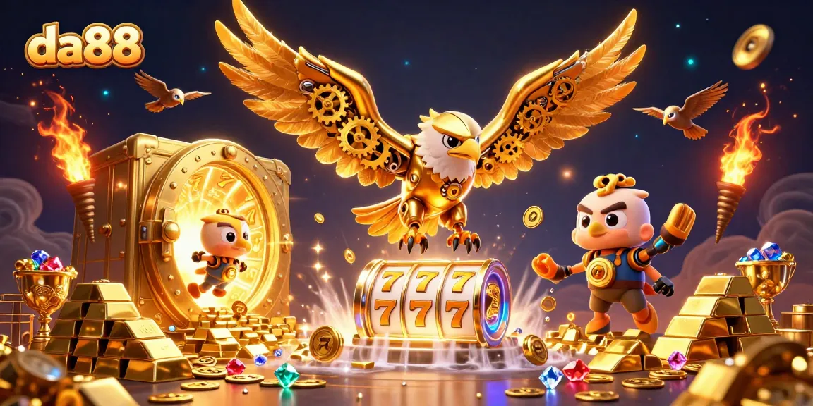 Experience da88's electrifying slot action featuring a dynamic golden eagle among treasures.