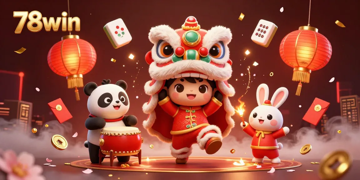 Experience thrilling wins with 78win in a vibrant lion dance scene highlighting casino elements and winning symbols.