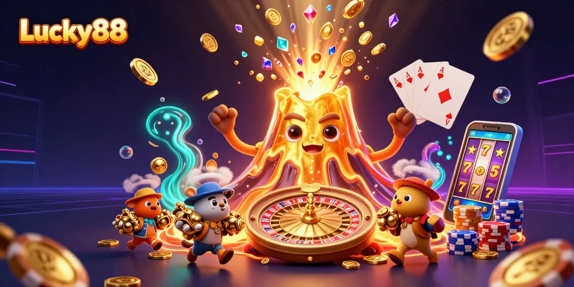 Spin the Lucky88 reels with treasures as the golden volcano erupts coins and gems in this vibrant casino scene.