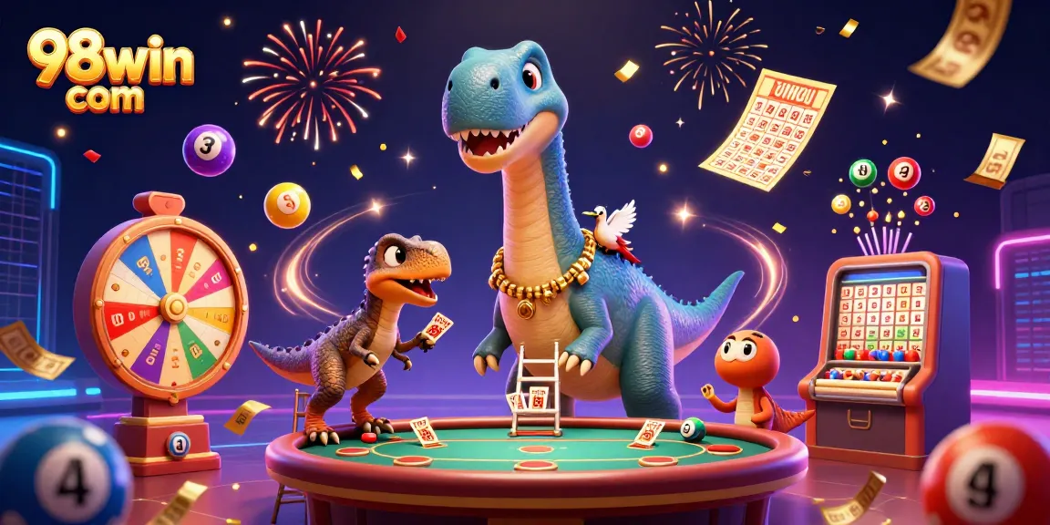Engage with 98win com in a vibrant casino scene featuring dynamic lottery elements and playful characters.