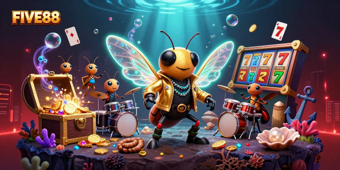 Watch the vibrant FIVE88 scene filled with excitement, featuring a rock star cicada and slot elements.