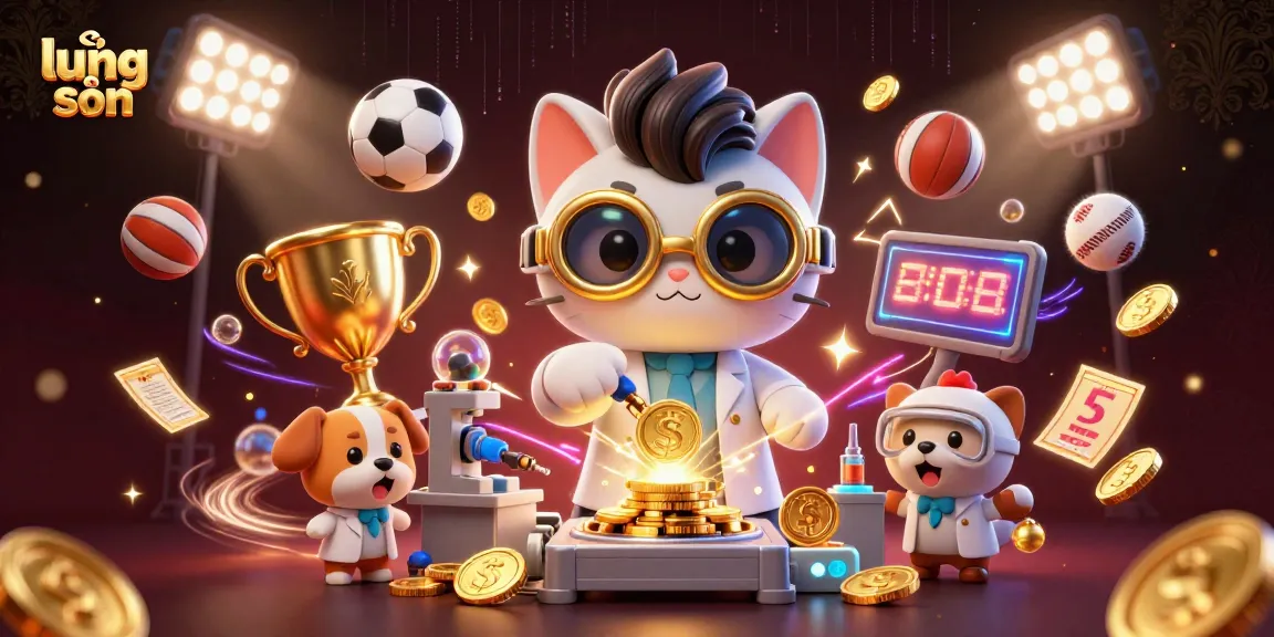 Bet on sports at lương sơn while a mad scientist cat creates gold coins in dynamic 3D scene.