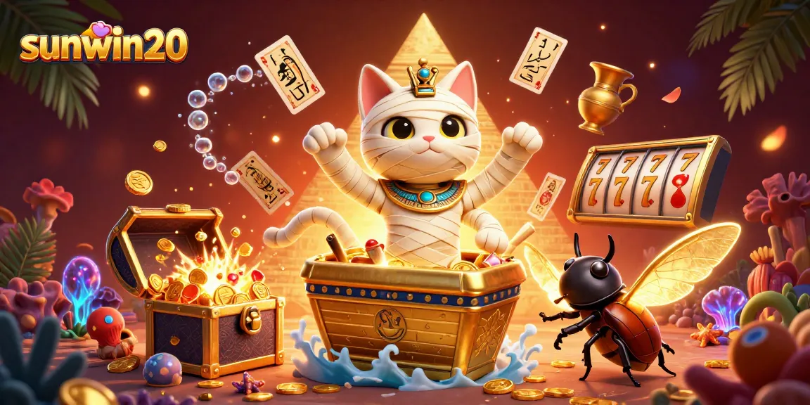 Experience the thrill of sunwin20 with a vibrant pyramid casino scene featuring a mummy cat and treasures.