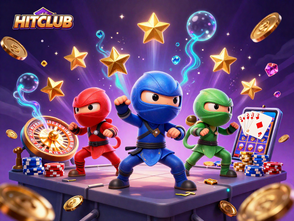 HITCLUB ninja chameleons performing martial arts in a vibrant casino environment with stunning visuals.