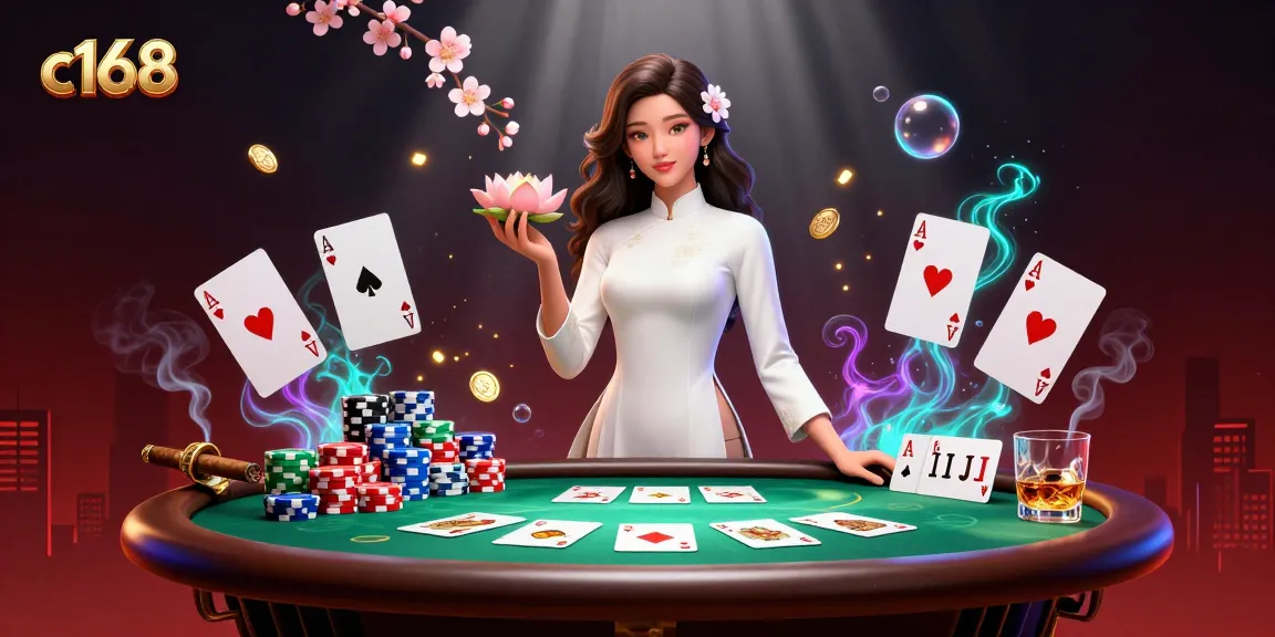 C168 casino illustration showcasing a graceful woman in ao dai, poker elements, and vibrant atmosphere.