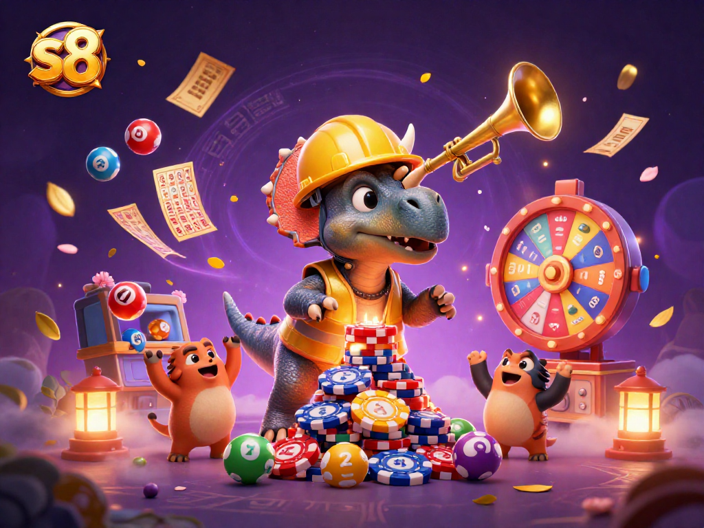 Engage with the thrilling games at S8, featuring 3D cartoon characters celebrating casino wins amidst colorful gaming elements.