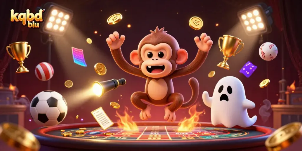 Engaging illustration featuring kqbd blu with a ghostly monkey juggling golden sports elements in a haunted casino.