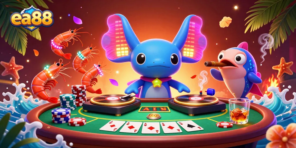 ea88 captures vibrant casino excitement with a neon axolotl DJ and lively shrimp dancers.