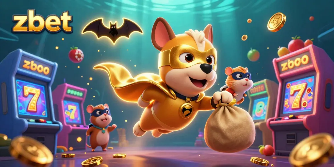 Zbet provides a thrilling gambling experience with a cartoon superhero dog and gold coins in a vibrant casino scene.