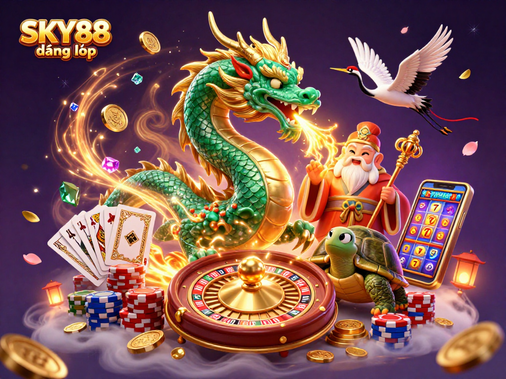 Engage with exciting gaming moments at SKY88 đăng nhập, featuring an emerald jade dragon and vibrant casino elements.