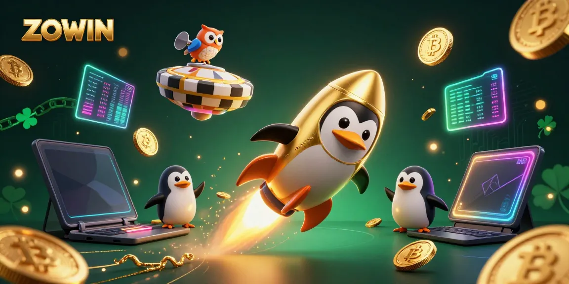 Experience exciting games at ZOWIN with cryptocurrency-themed cartoon illustration of penguins and casinos.