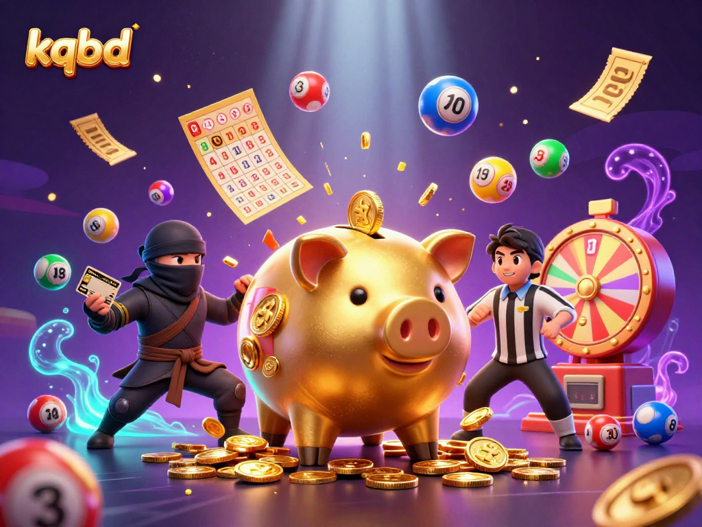 Engage with kqbd's dynamic gaming scene featuring a golden piggy bank, wallet ninja, and samurai referee