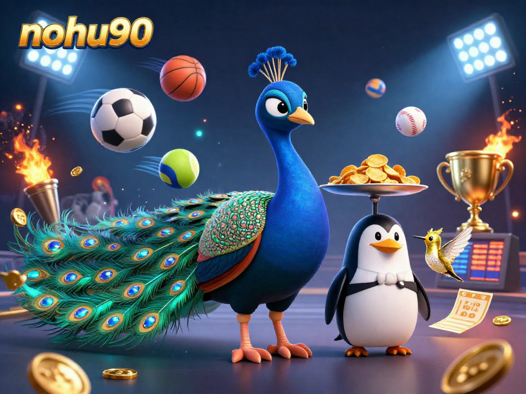 Nohu90 showcases vibrant casino energy with a peacock, penguin, and hummingbird amid sports betting excitement.