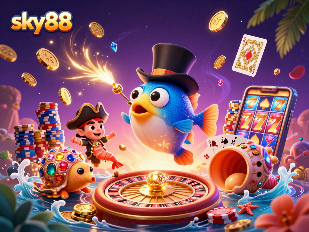 Experience thrilling moments at sky88 with a 3D scene of deep-sea characters attracting coins, blending fun and excitement.