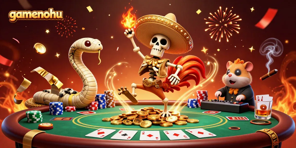 Spin the reels of gamenohu with a lively scene of casino characters celebrating big wins.