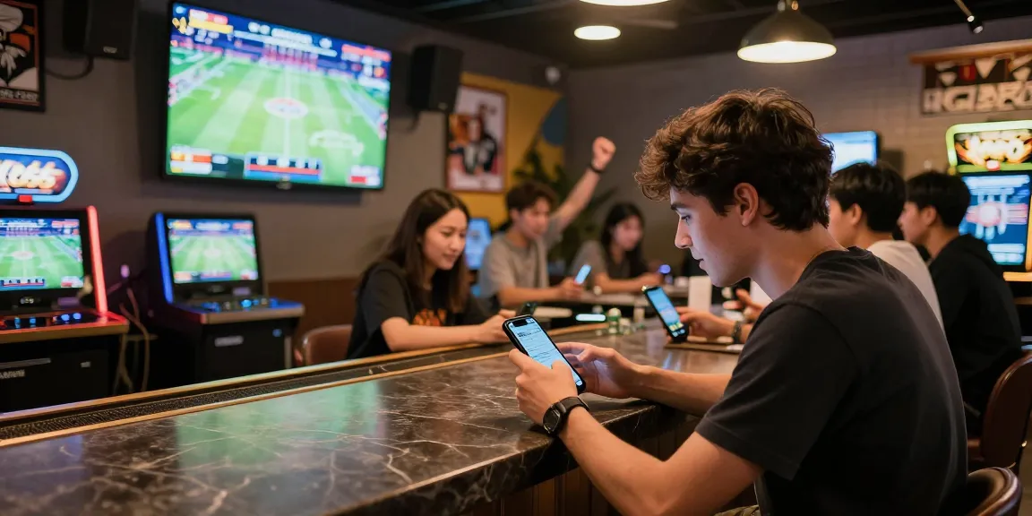 Engaging betting experience with KO66 app in a lively sports bar setting