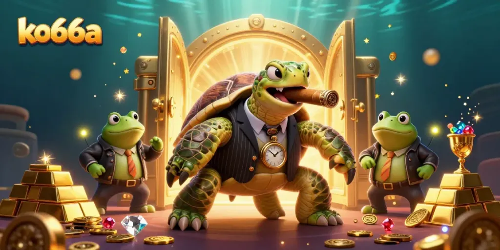 Engage in thrilling gameplay with ko66a featuring cartoon character turtle in casino setting.