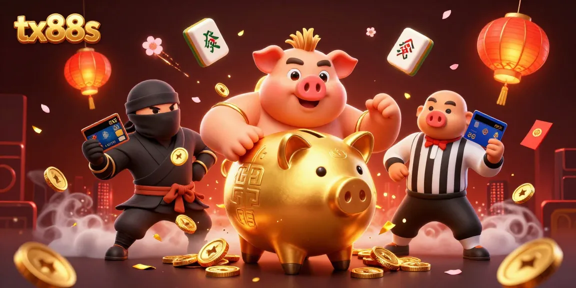 tx88s showcases a lively 3D scene with a golden piggy bank sumo wrestler amid cascading coins and vibrant casino elements.