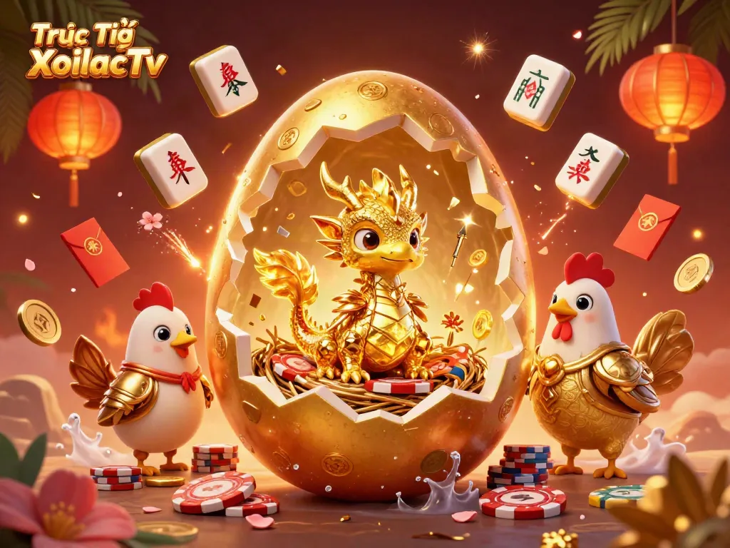 Experience the thrill of gaming with Trực Tiếp XoilacTv, featuring golden dragon and poker chips in a vibrant casino scene.
