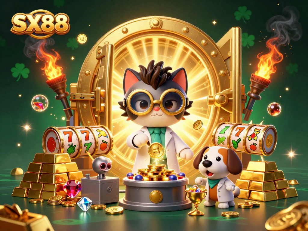 SX88 players spin to win with a lively casino illustration featuring a mad scientist cat and lab assistant.