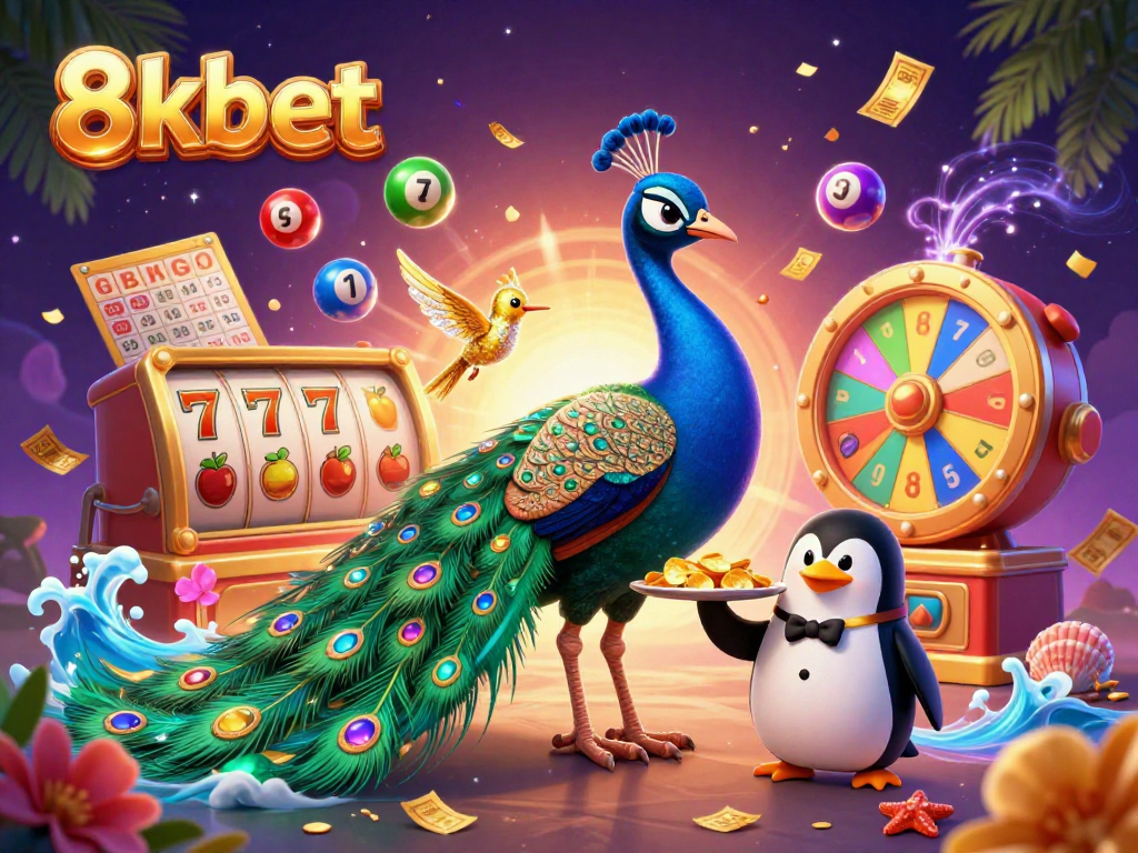 Experience the vibrant thrills of 8kbet with illustrated characters and dynamic gaming elements in a rich casino scene.