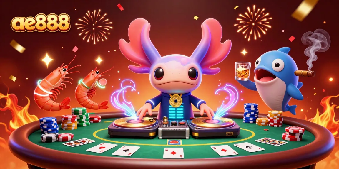 Join the excitement at ae888 while the neon axolotl DJ spins golden records surrounded by poker fun.