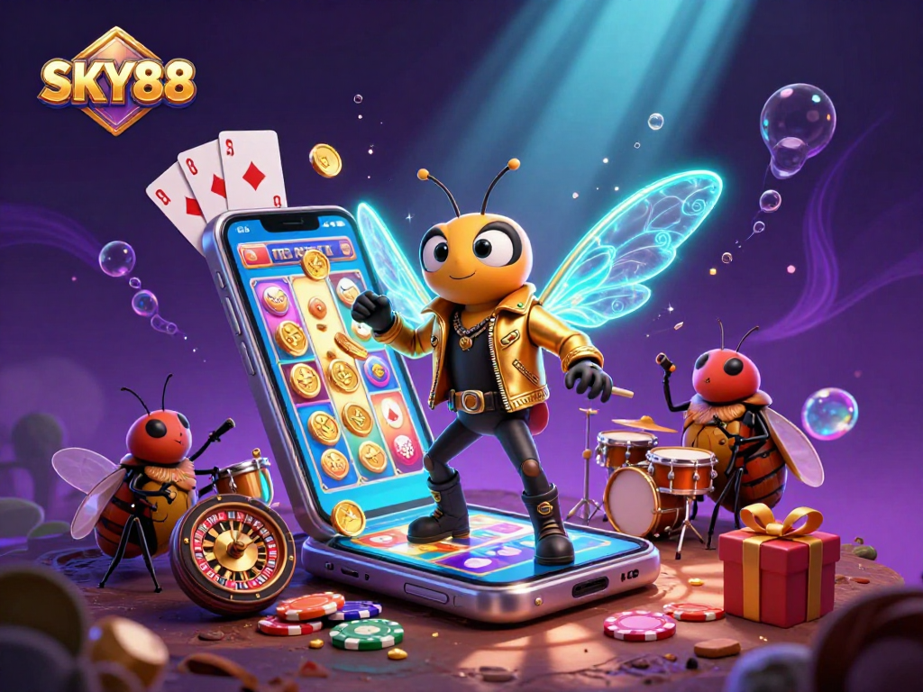 Engage with SKY88's vibrant casino world as rock star cicada leads a dynamic scene filled with slot games, colorful cards, and poker chips.