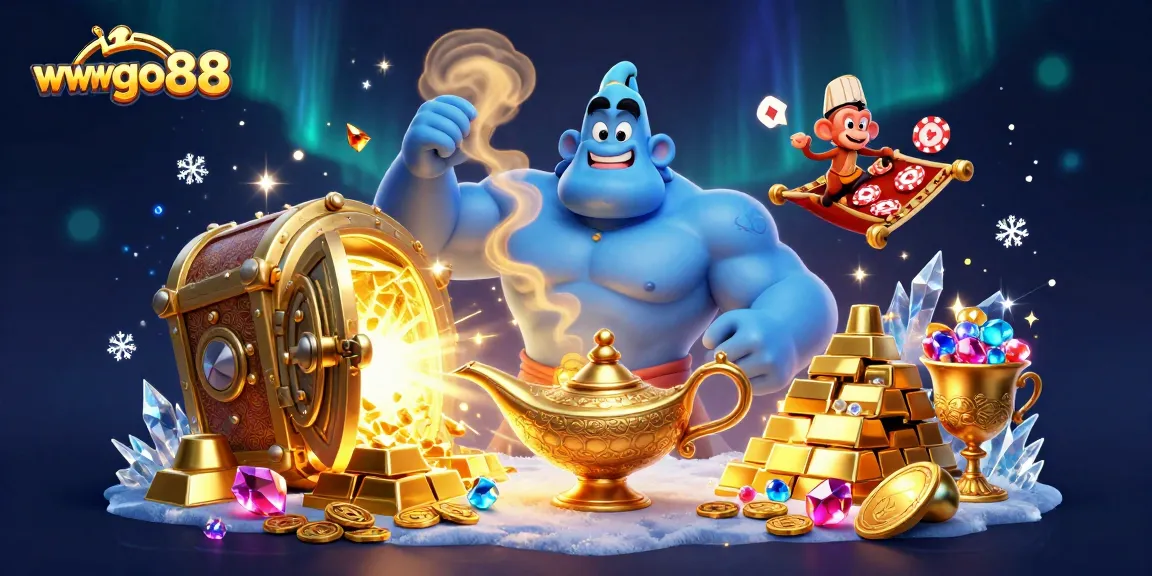 Experience thrilling gaming at wwwgo88, with a genie, treasure vault, and casino magic in a vibrant 3D scene.