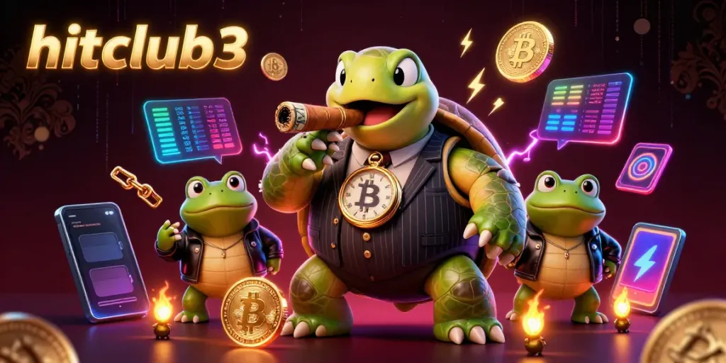 Hitclub3 depicts an engaging scene with a massive snapping turtle and bullfrog enforcers amidst vibrant casino elements.