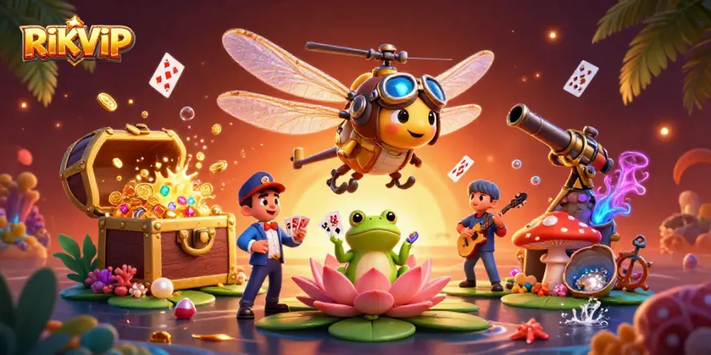 Experience the vibrant RIKVIP casino world with a dragonfly pilot and frog dealer.